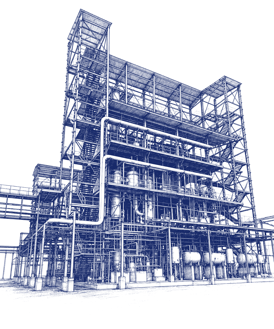 Architectural sketch of the Grand Western distillery in Shirala — distillation columns, steel structure, piping and storage vessels